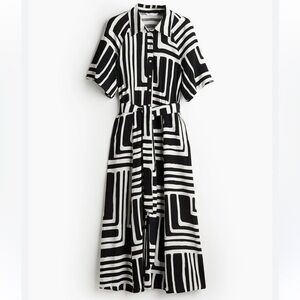 H&M Women’s Black Patterned Tie Belt Midi Shirt Dress size Medium